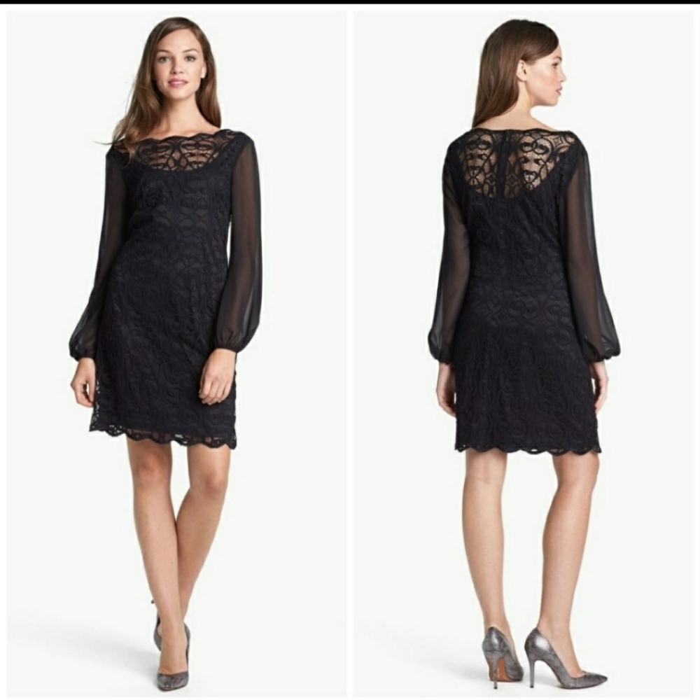 Adrianna Papell Black Lace Chiffon Sleeve Shift